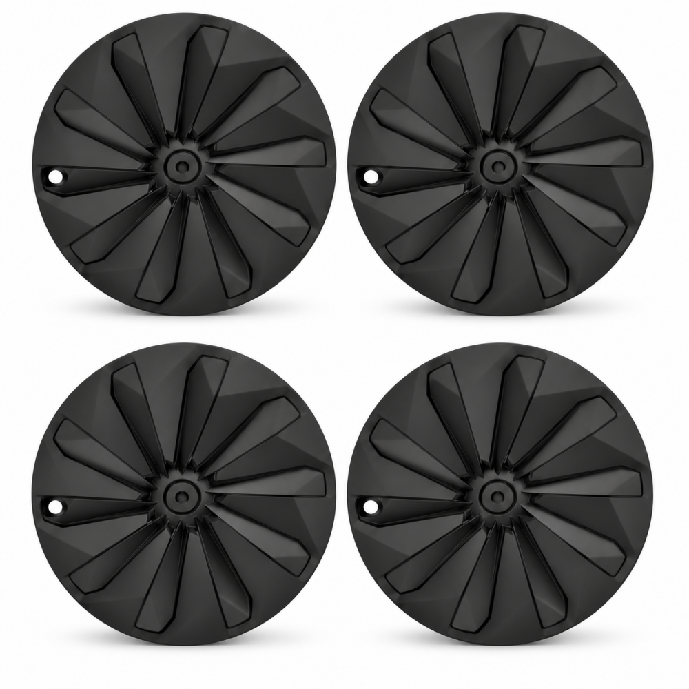 Four matte black 19-inch Crossflow wheel covers for Tesla Model Y Juniper