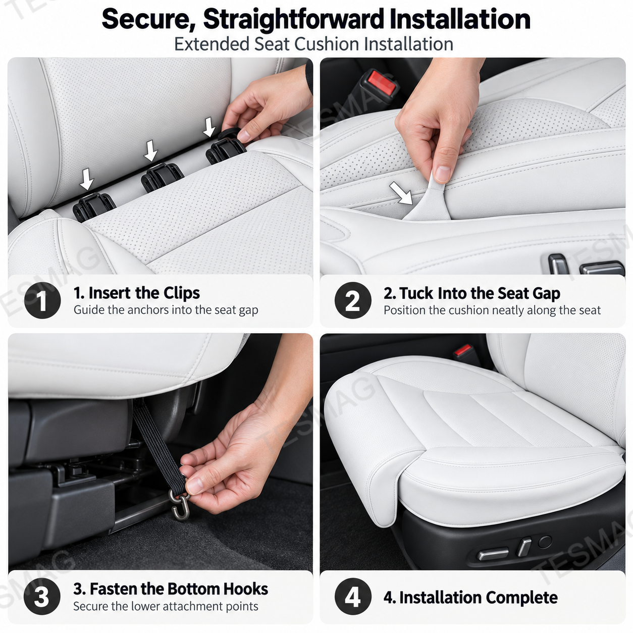Four-step Tesla extended seat cushion installation with clips, gap and hooks