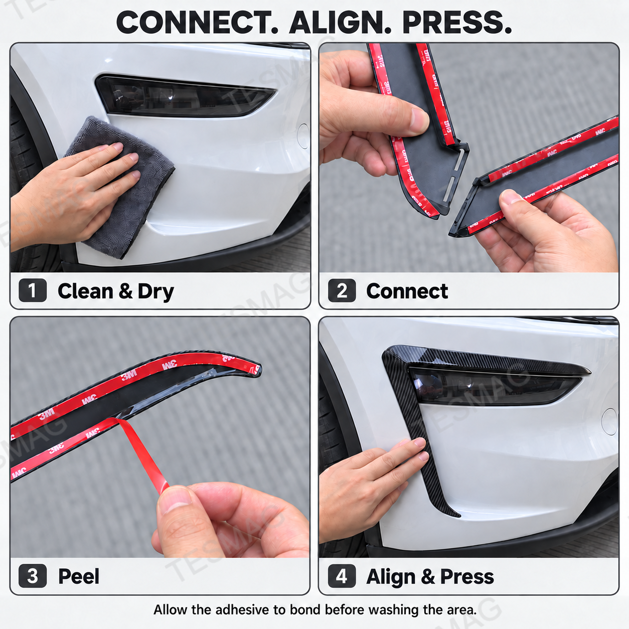 Four-step installation of Model Y Juniper front lamp trim with pre-applied 3M tape