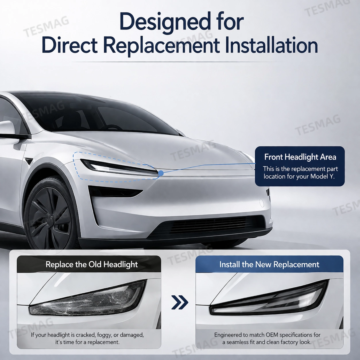 Front LED Headlight Replacement for Tesla Model Y Juniper 2025+ OEM 1918347-00-D / 1918348-00-D