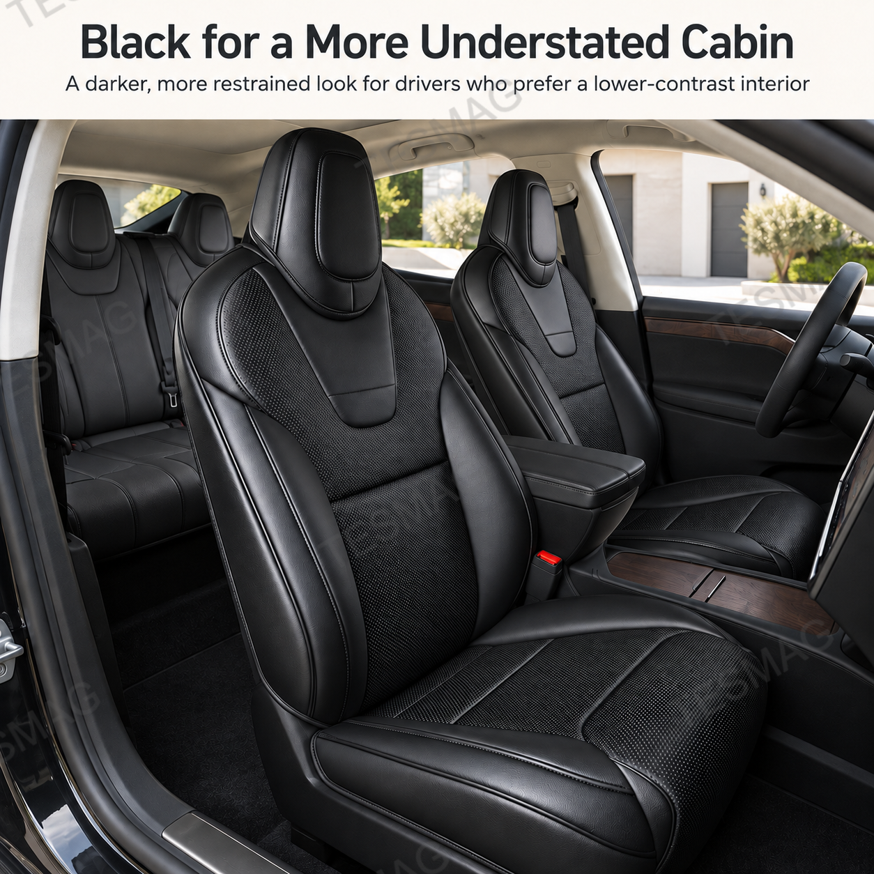 Front and rear view of black perforated NAPPA leather custom seat covers installed in a Tesla cabin