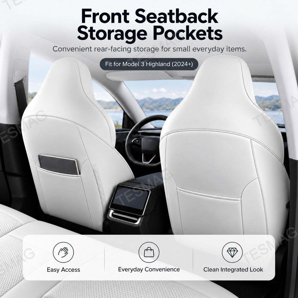 Front seatback storage pockets on Tesla Model 3 Highland full-wrap seat covers