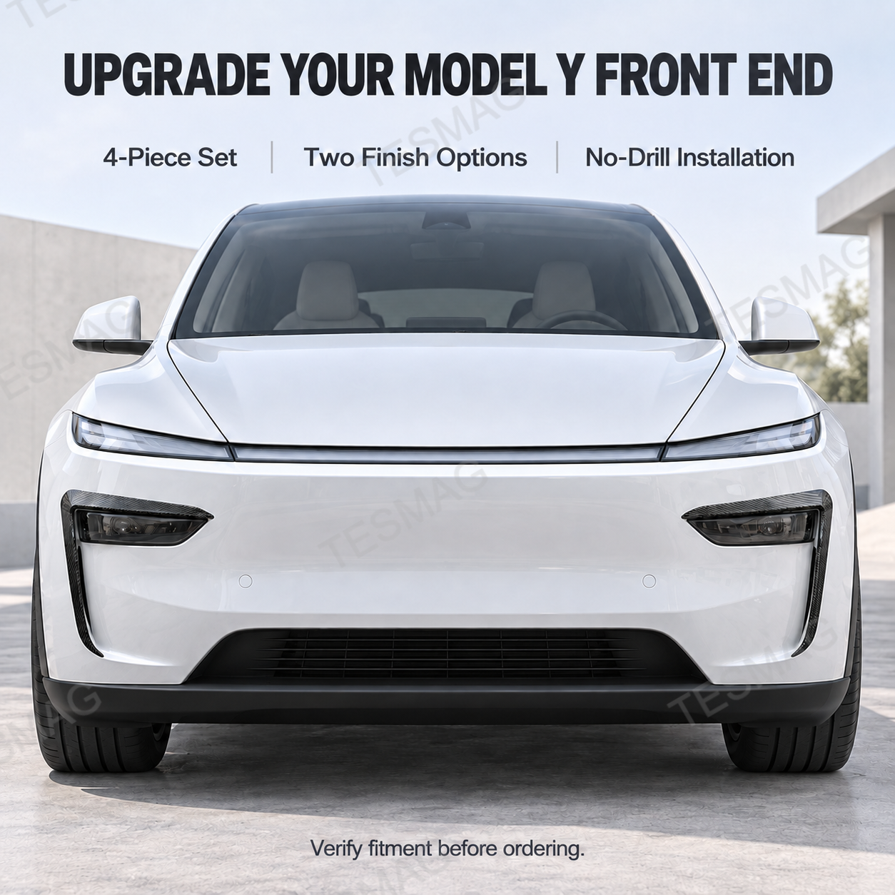 Front view of Model Y Juniper with four-piece carbon-style lamp trim installed