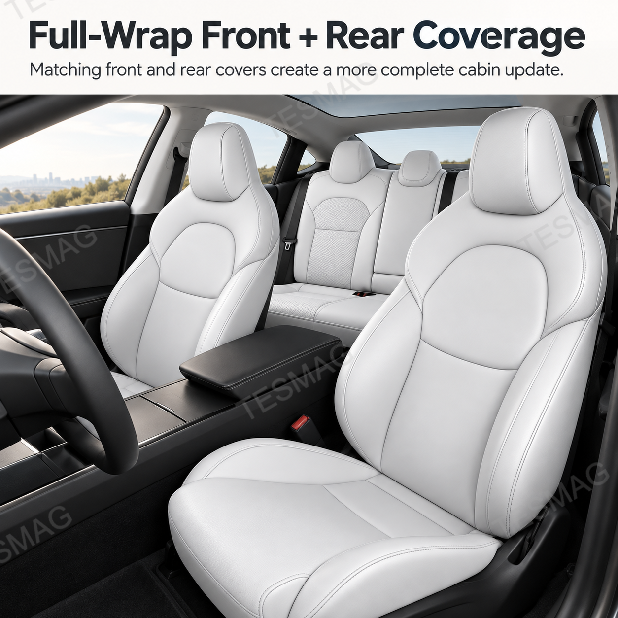 Full-wrap front and rear seat covers installed in a Tesla Model 3 Highland 2024+