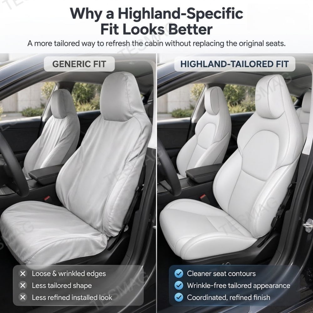 Generic seat cover compared with a Highland-tailored full-wrap seat cover