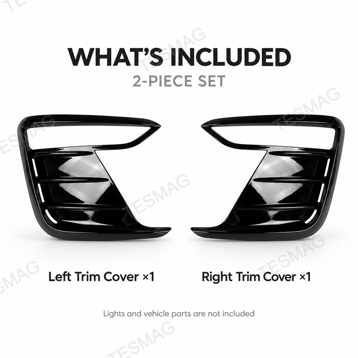 Gloss black left and right front bumper trim covers shown as a two-piece set