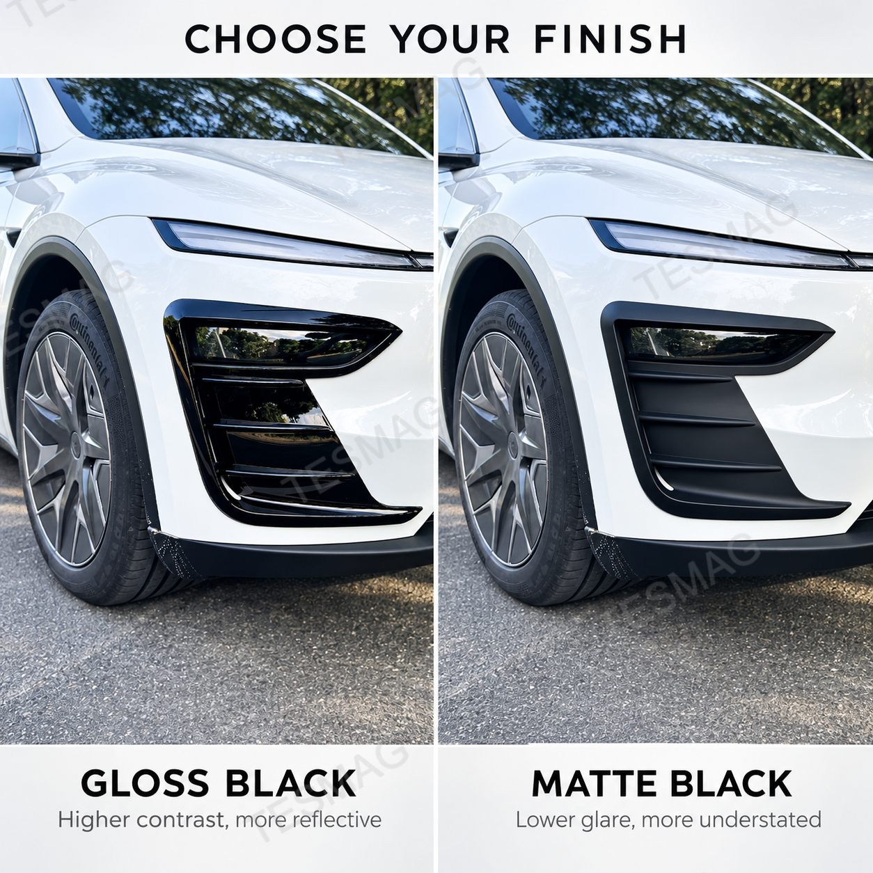 Gloss black vs matte black Model Y Juniper front bumper trim installed on a white car