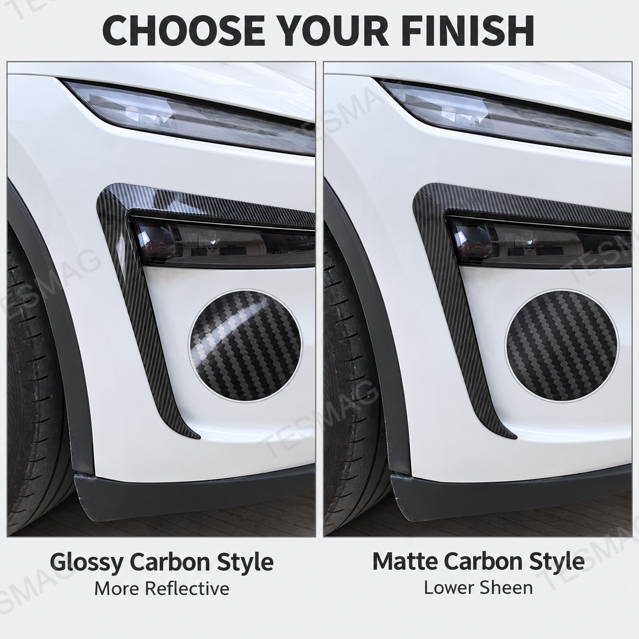 Glossy and matte carbon-style fog light trim comparison on Model Y Juniper