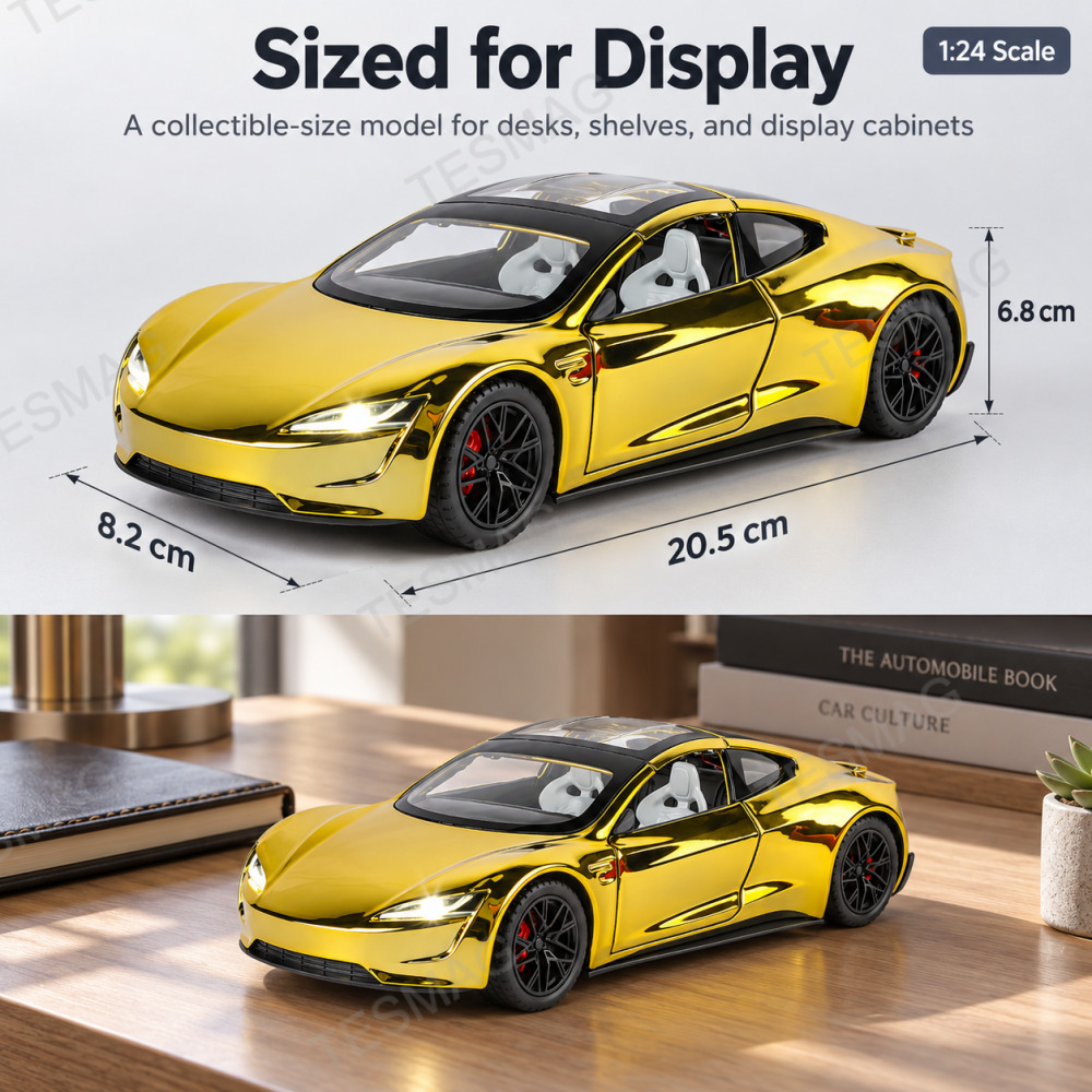 Gold Tesla Roadster model with 20.5 x 8.2 x 6.8 cm dimensions and desk display