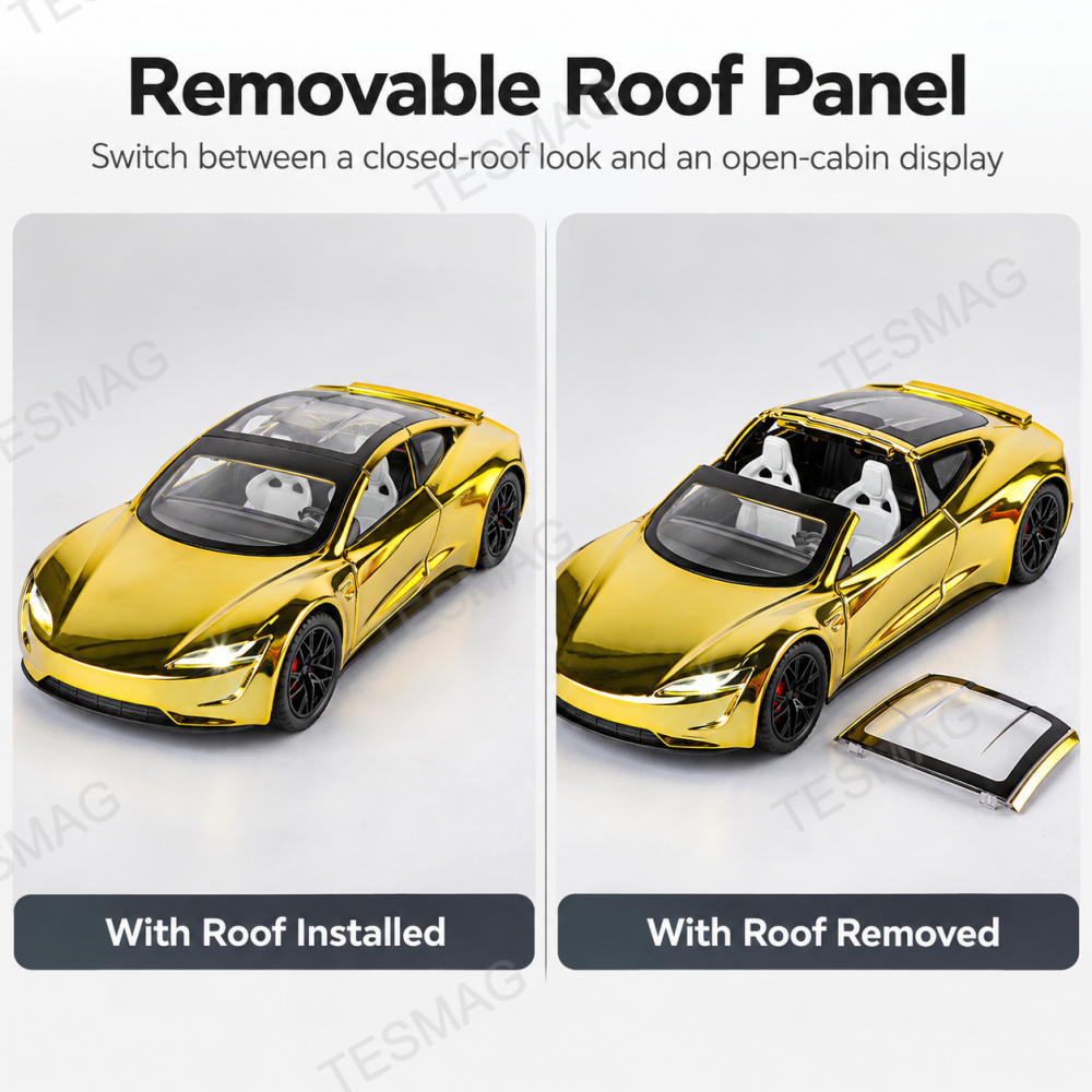 Gold Tesla Roadster model with roof installed and removed in a side-by-side comparison
