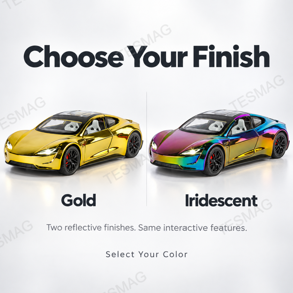 Gold and Iridescent Tesla Roadster diecast models shown side by side for color comparison