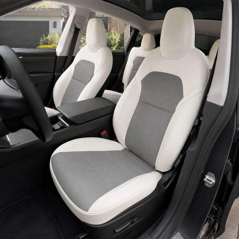 Nappa Leather Seat Covers for Tesla Model Y & Juniper 5-Seater – Gray & White