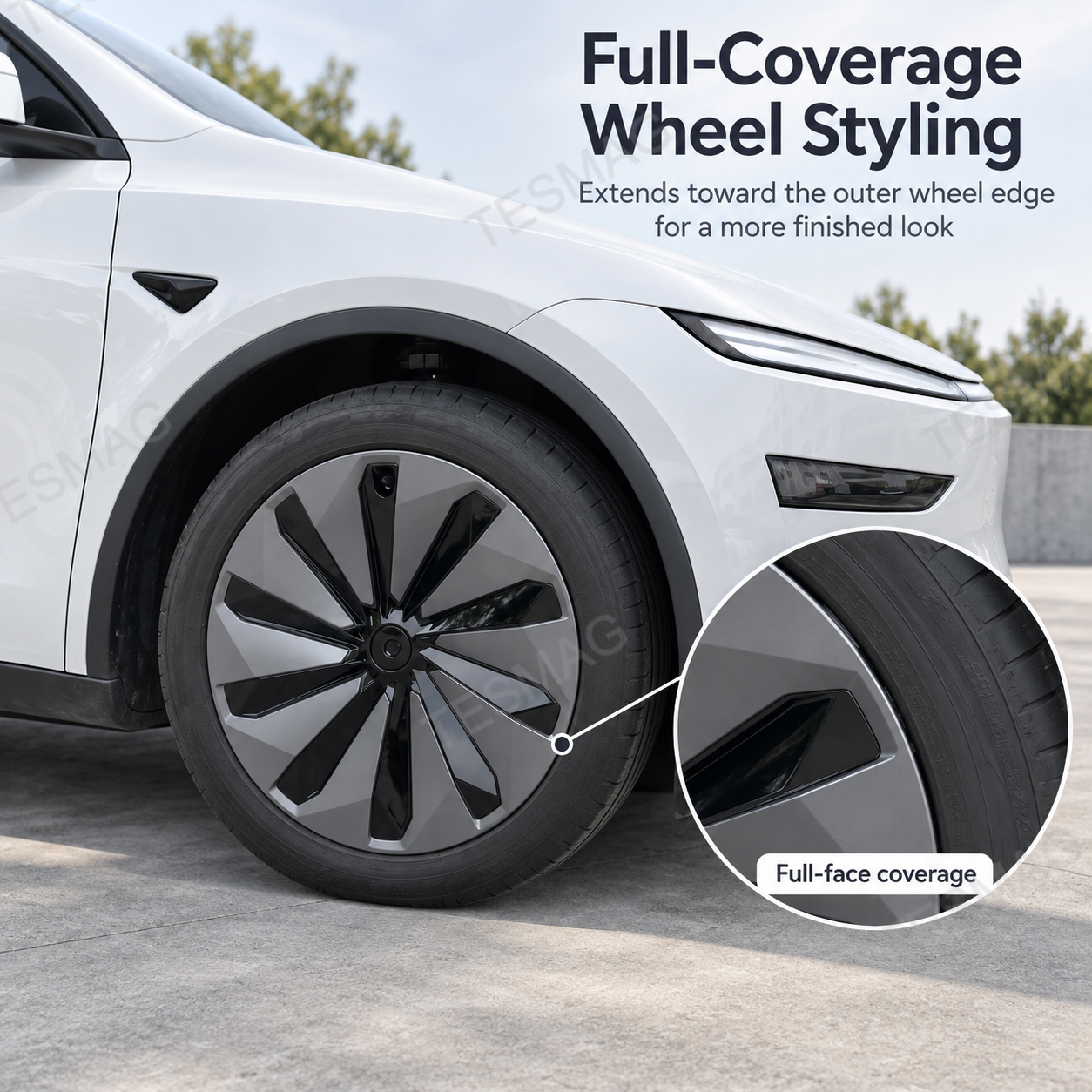 Gray-black Tesla Model Y Juniper wheel cover showing full-face outer-edge coverage