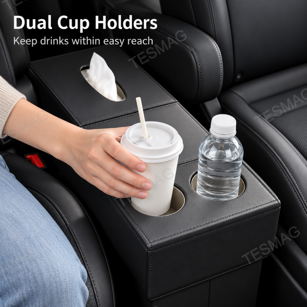 Hand placing a drink in one cup holder beside a water bottle in the Model YL organizer