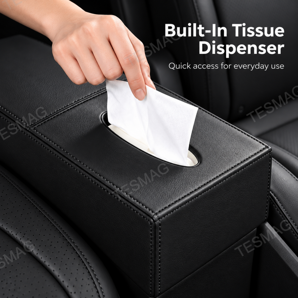 Hand pulling a tissue through the oval opening of a black PU leather aisle organizer