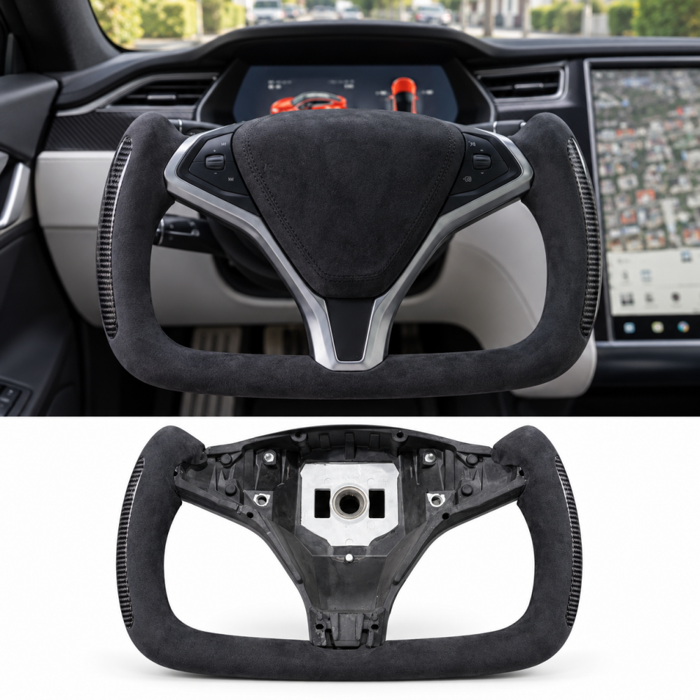 Installed Alcantara yoke steering wheel above the bare carbon fiber-accented frame
