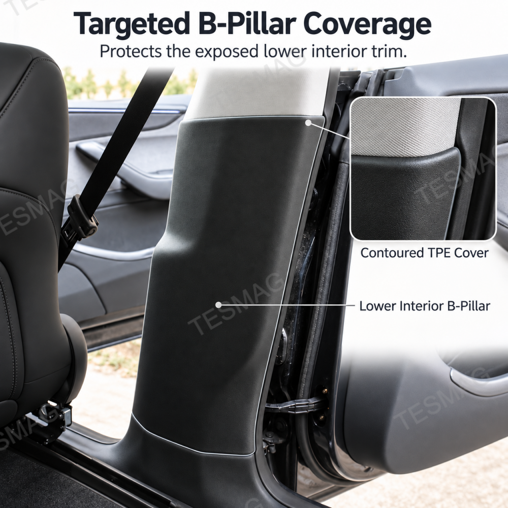 Installed Model Y Juniper B-pillar protector with close-up of its contoured TPE edge