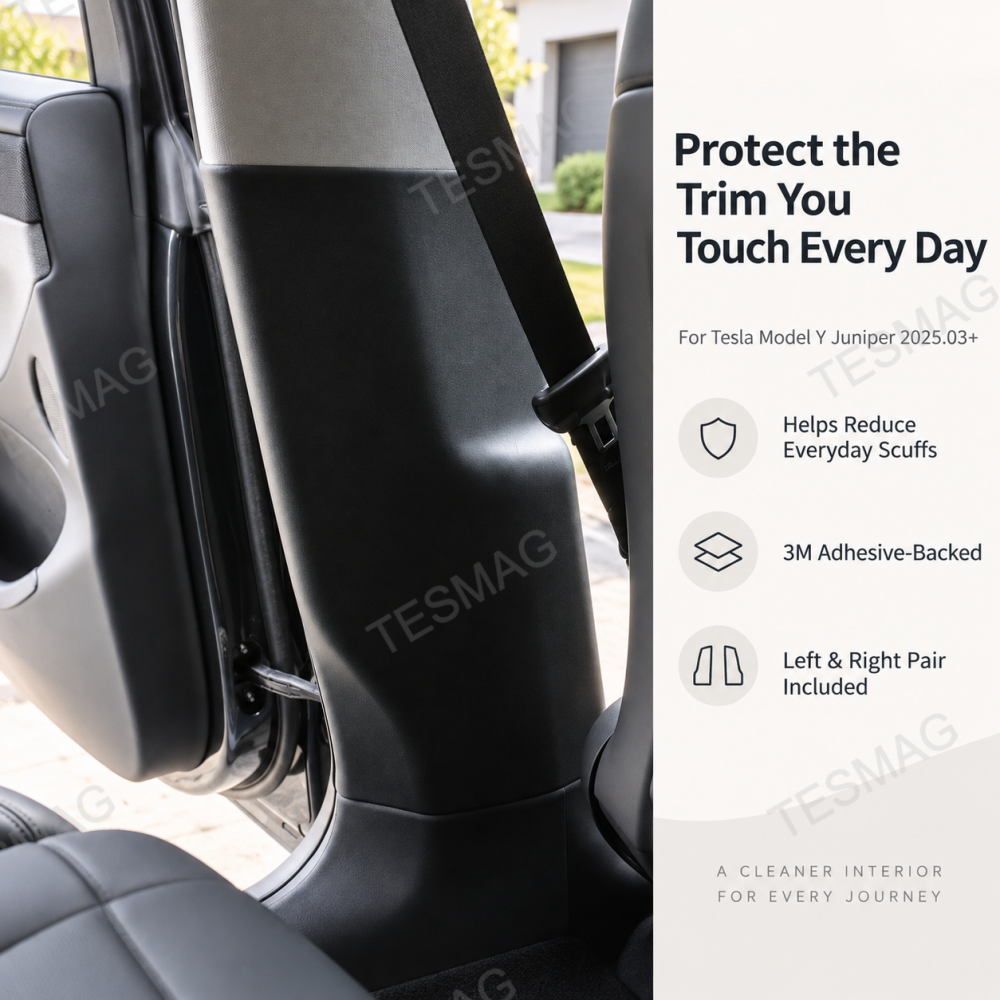Installed Model Y Juniper B-pillar protector with scuff, 3M tape and pair details
