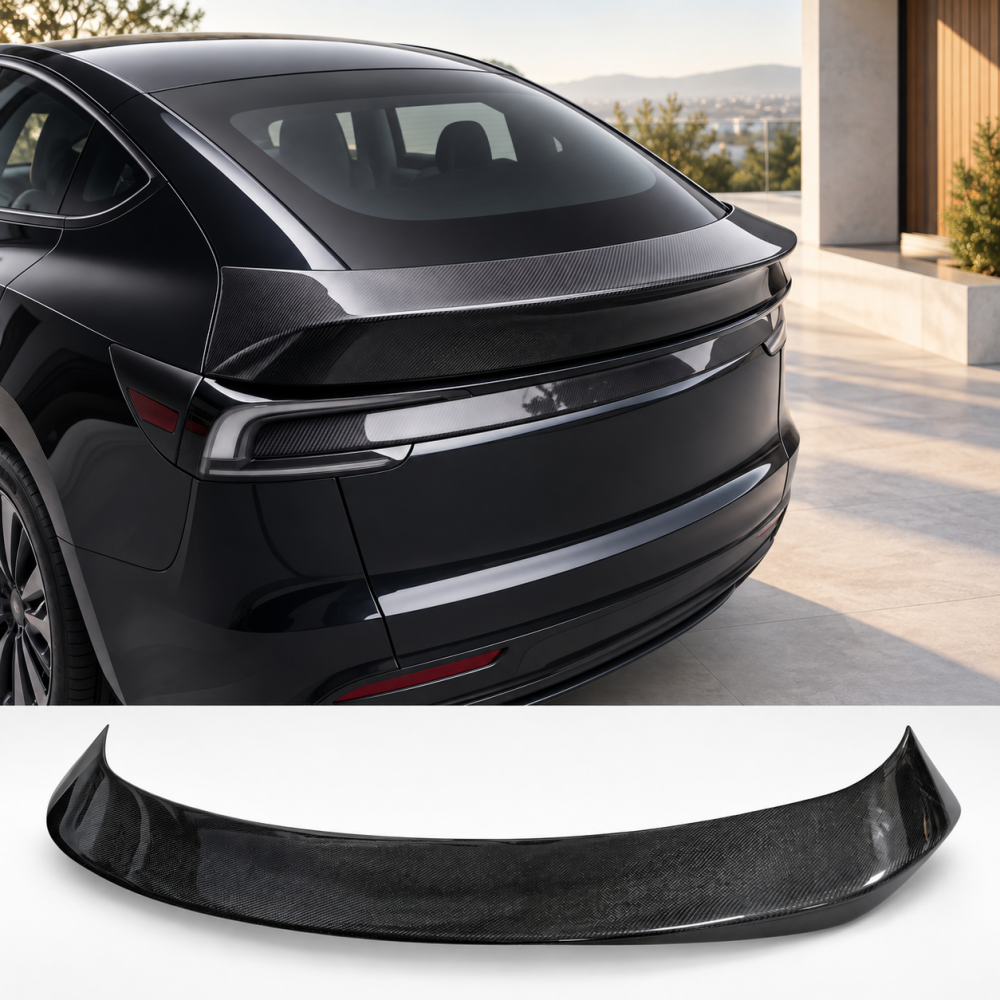 Installed Model Y Juniper carbon fiber spoiler with separate gloss product view below