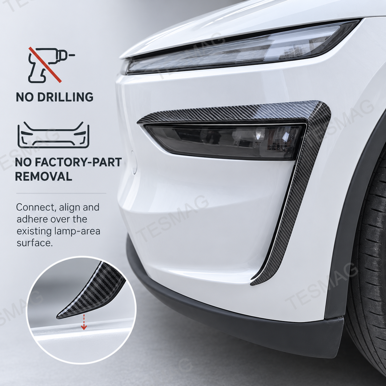 Installed carbon-style front lamp trim showing no-drill fit on Model Y Juniper
