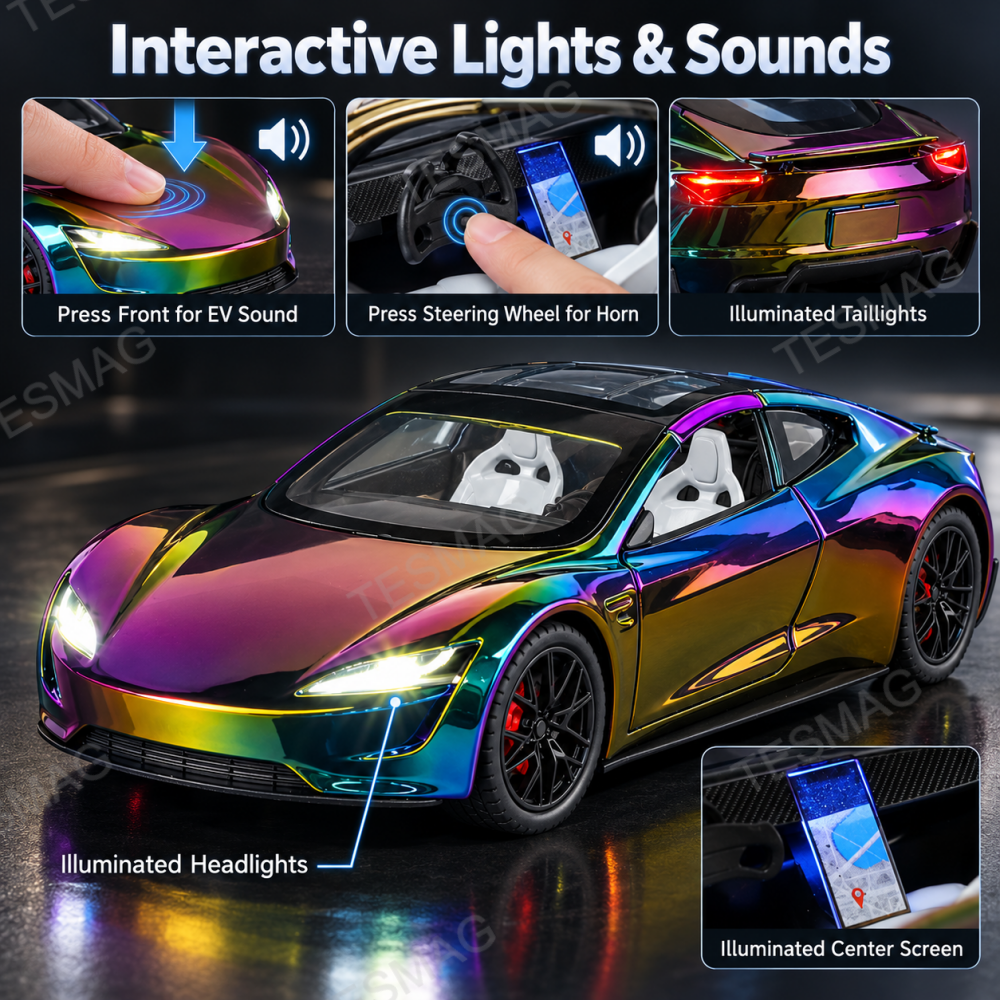 Iridescent Roadster diecast model showing illuminated lights and sound activation points