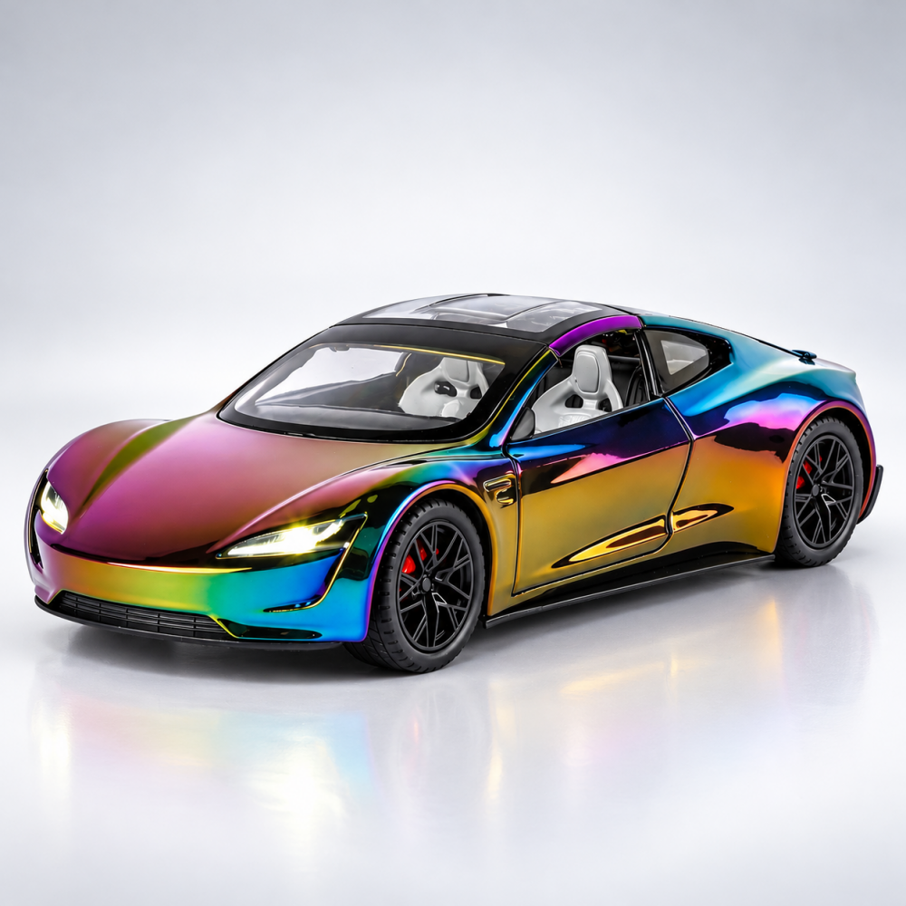 Iridescent Tesla Roadster diecast model with multicolor finish and black wheels