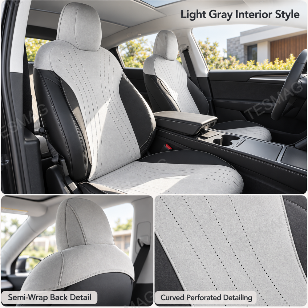 Light gray front seats with close-ups of semi-wrap back coverage and perforated suede