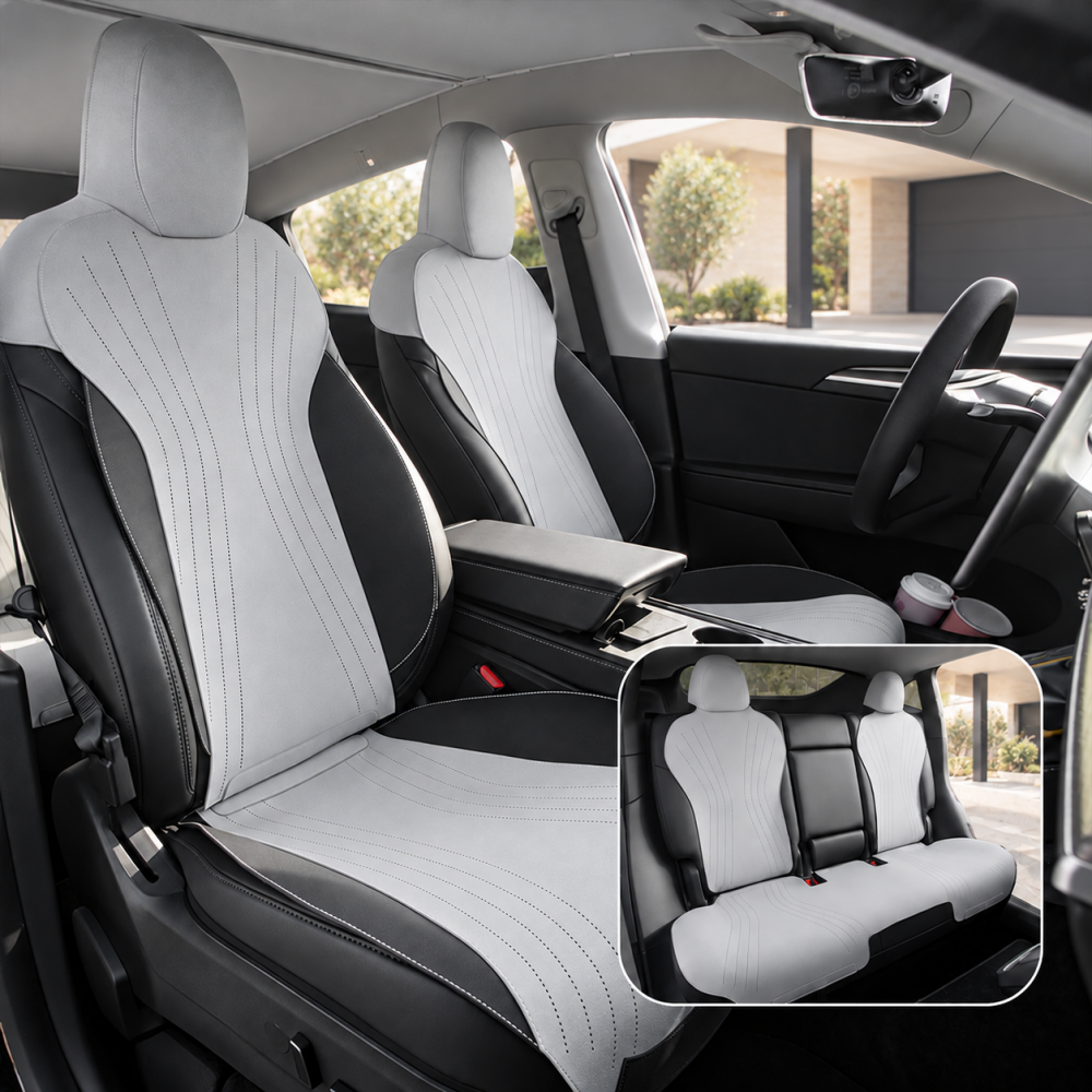Light gray suede front seat covers in a Model Y Juniper with rear seat inset