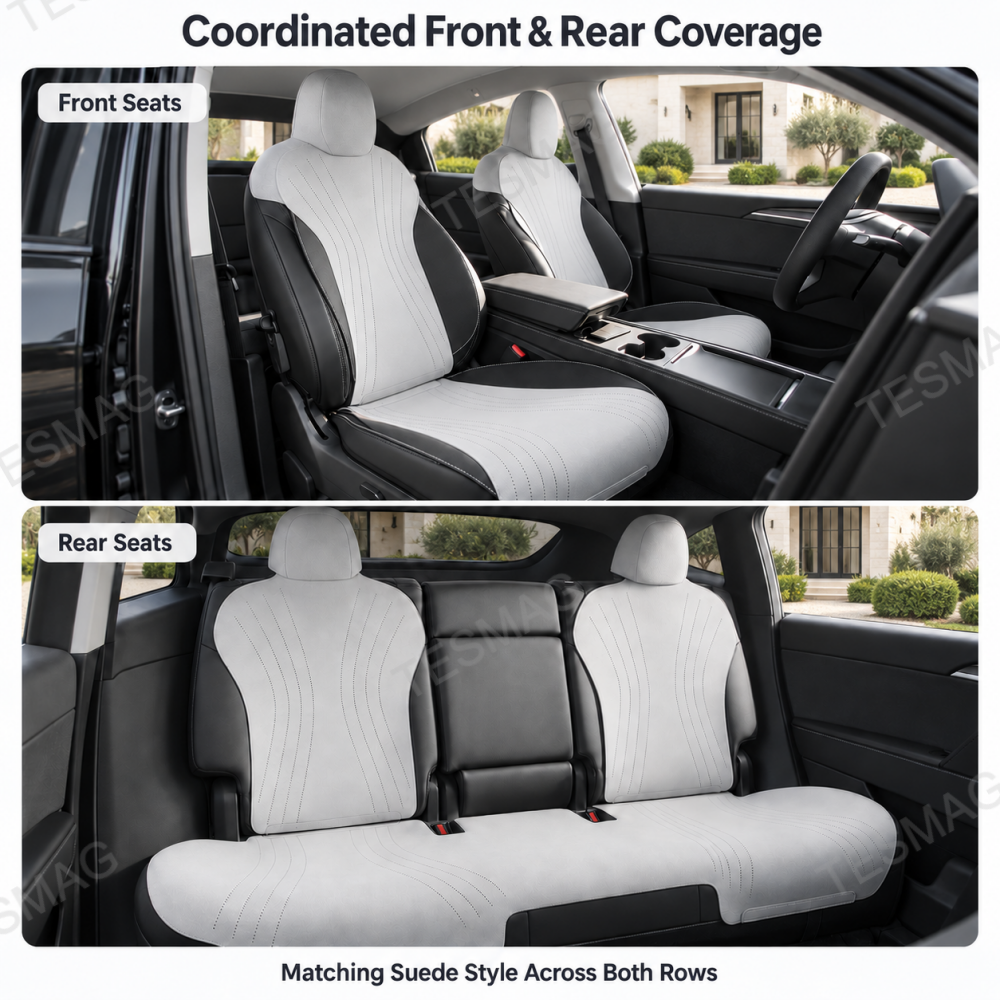 Light gray suede seat covers shown on the front and rear seats of a Model Y Juniper