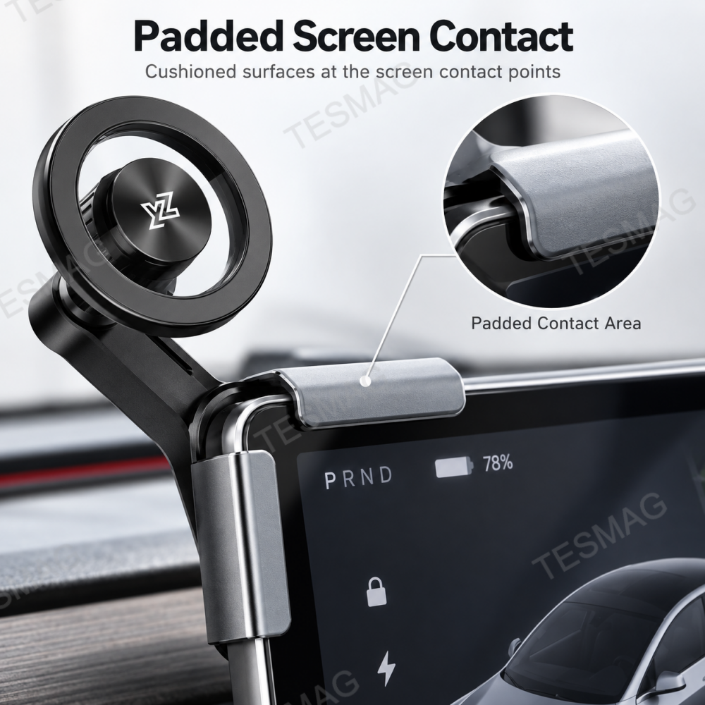 Macro view of padded screen-contact surface on a Tesla clip-on magnetic phone mount