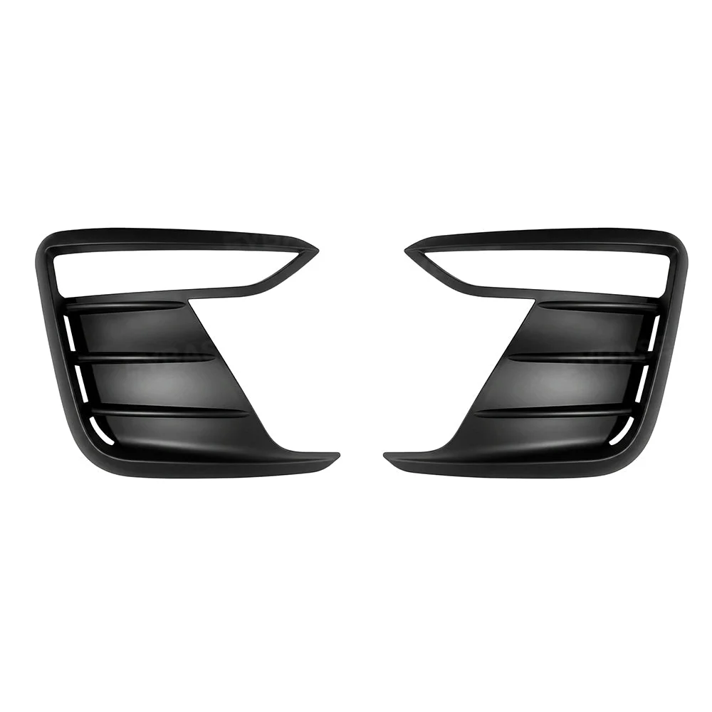 Matte black left and right front bumper accent trim covers on a white background