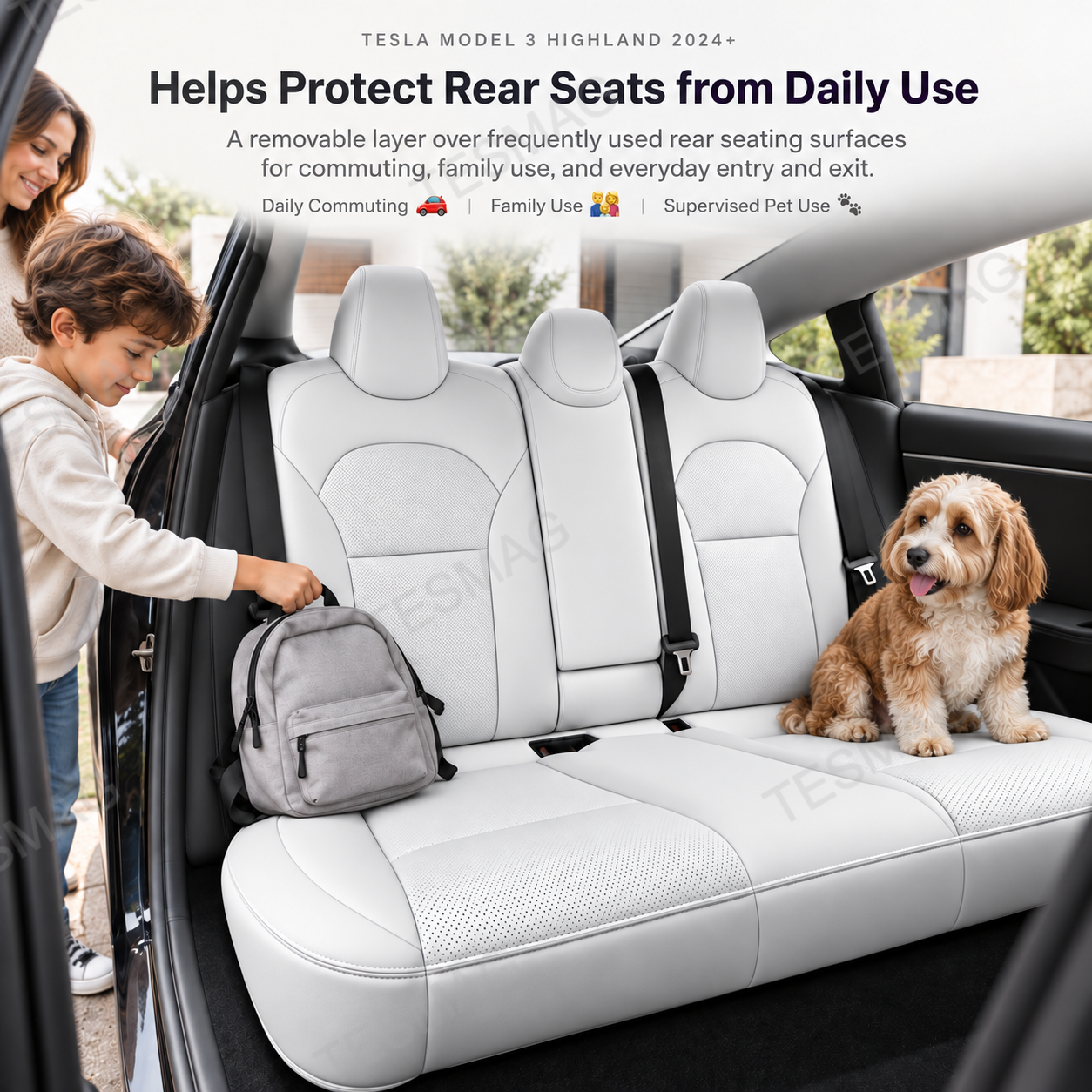 Model 3 Highland rear seat covers shown with family and supervised pet use