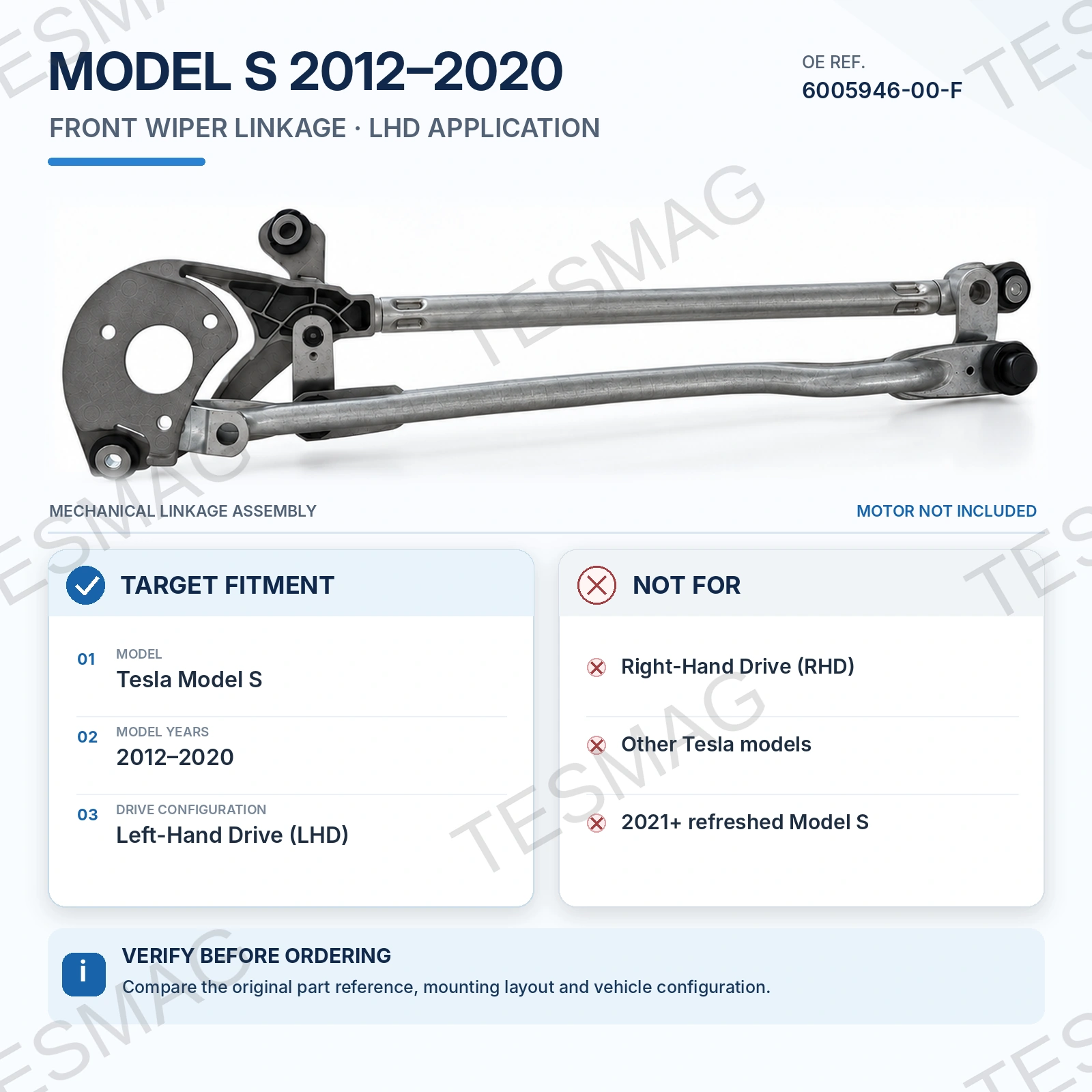 Front Wiper Linkage Only for Tesla Model S 2012–2020 LHD | 6005946-00-F