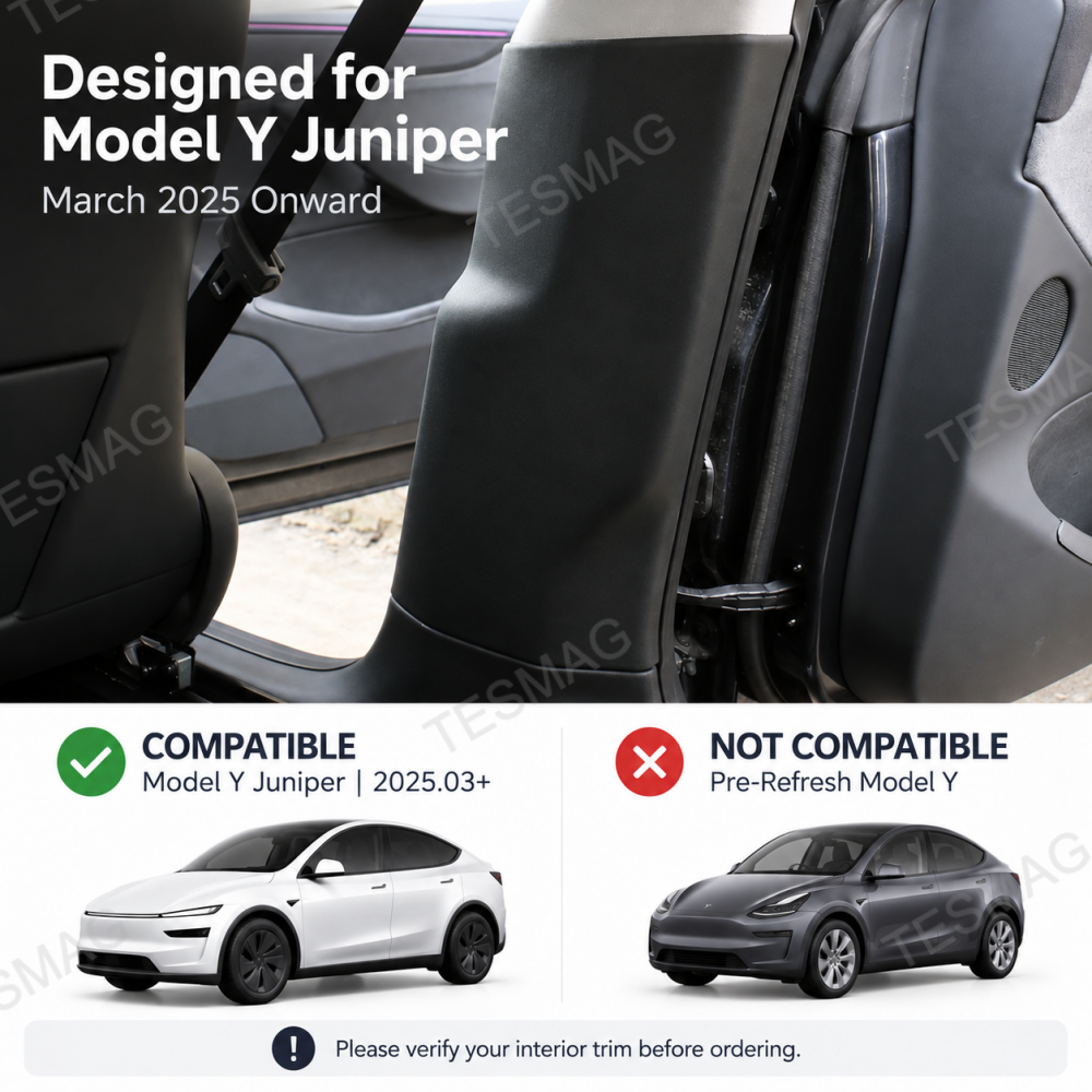Model Y Juniper B-pillar guard with compatible and pre-refresh vehicle comparison