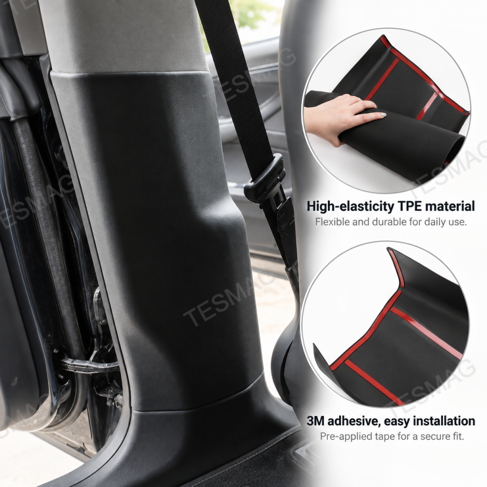 Model Y Juniper B-pillar protector installed beside TPE and 3M adhesive details