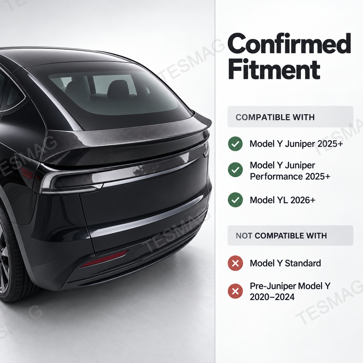 Model Y Juniper carbon fiber spoiler fitment guide with compatible model list