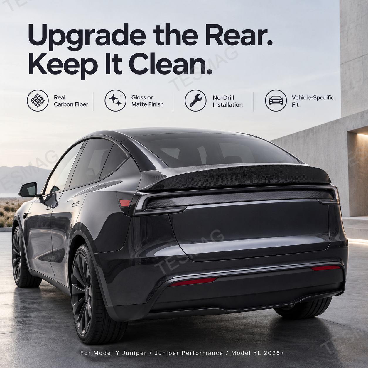 Model Y Juniper with carbon fiber rear spoiler and key product feature highlights