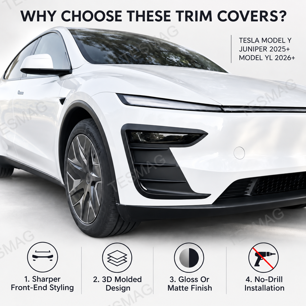 Model Y Juniper with front bumper trim highlighting styling, finish, and no-drill install