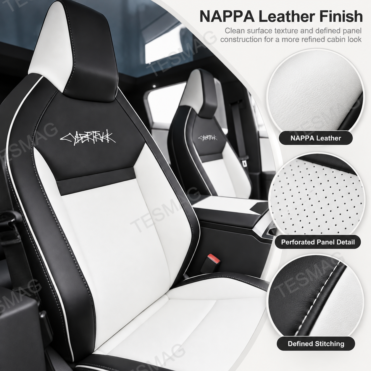 Nappa leather Cybertruck seat cover details showing texture, perforation and seams