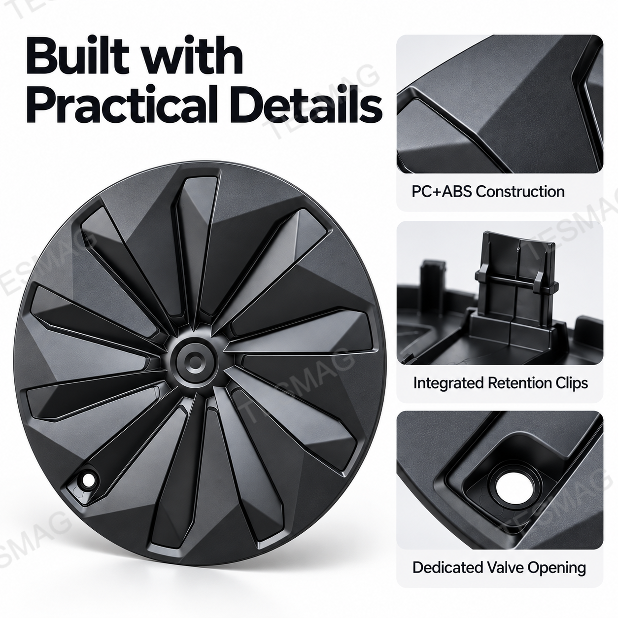 PC+ABS wheel cover with retention clip and valve-opening detail for Model Y Juniper