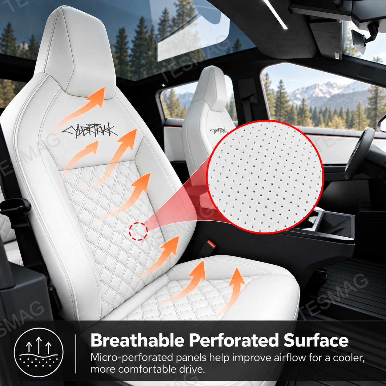 Perforated diamond-quilted center panel detail on a White Cybertruck seat cover