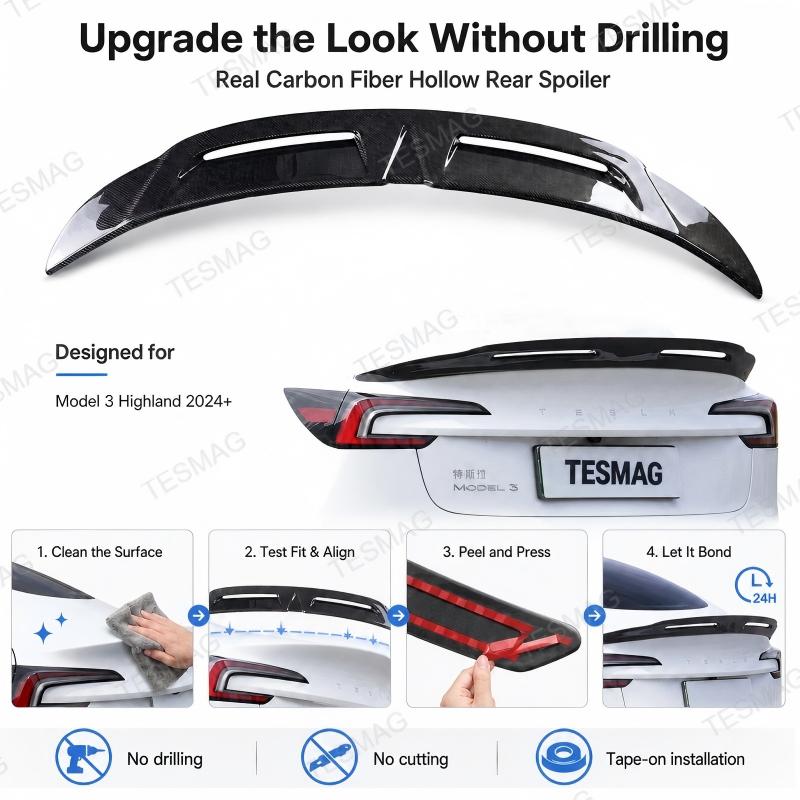 Real Carbon Fiber Hollow Rear Spoiler for Tesla Model 3 Highland 2024+  Model Y Juniper 2025+