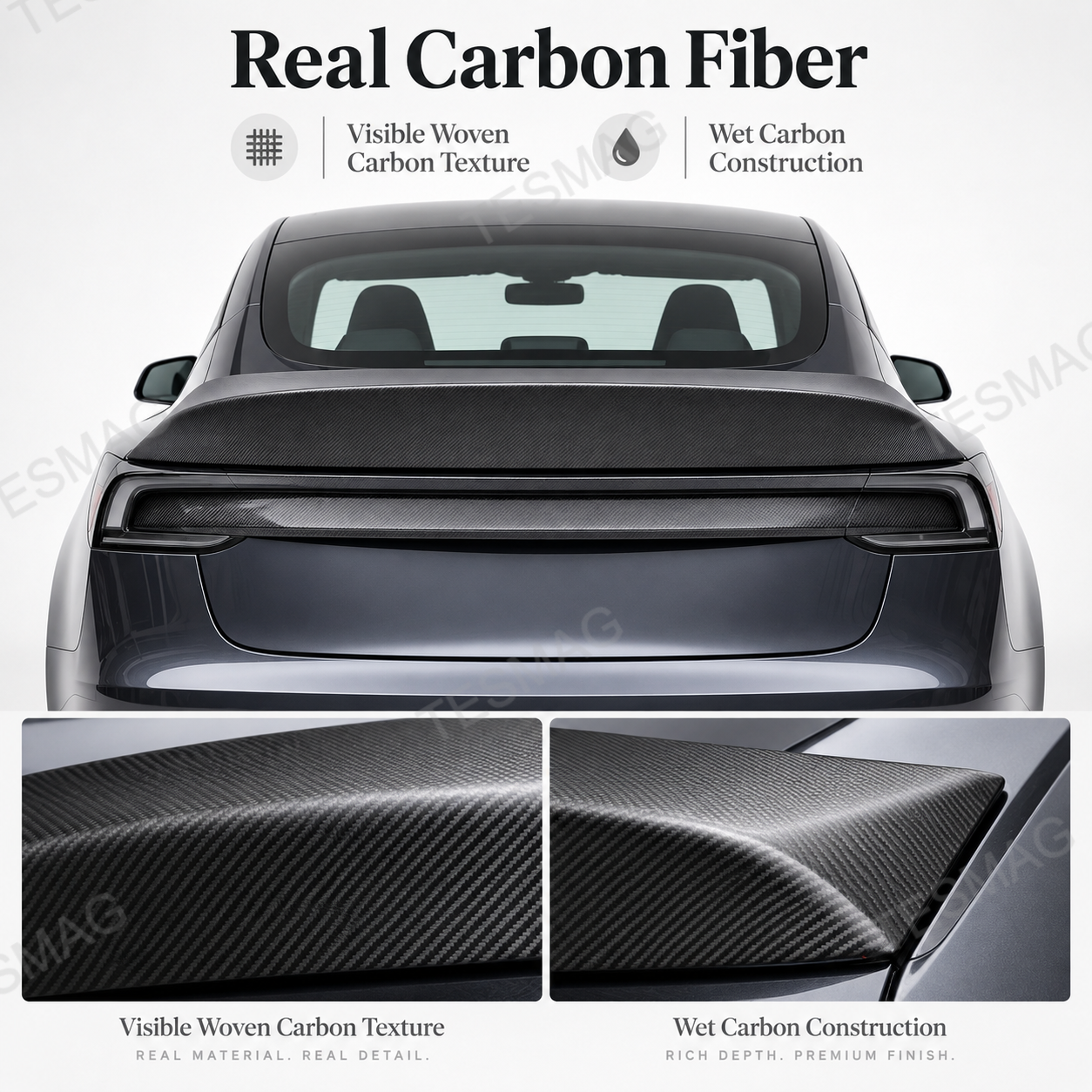 Real carbon fiber spoiler with woven texture and wet carbon close-ups