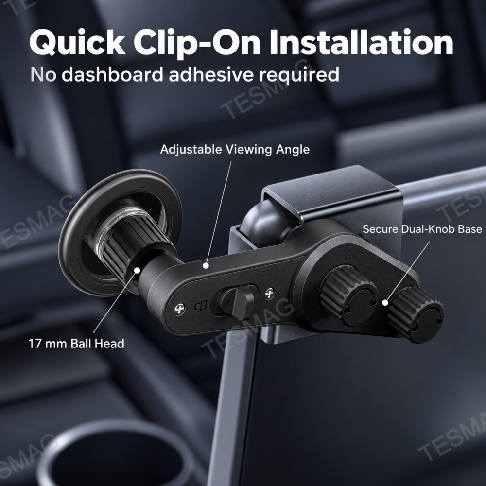 Rear close-up of Tesla screen-clip phone mount with dual knobs and adjustable arm