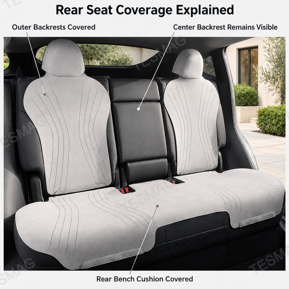Rear seat with light gray suede outer backrest covers and a single bench cushion cover