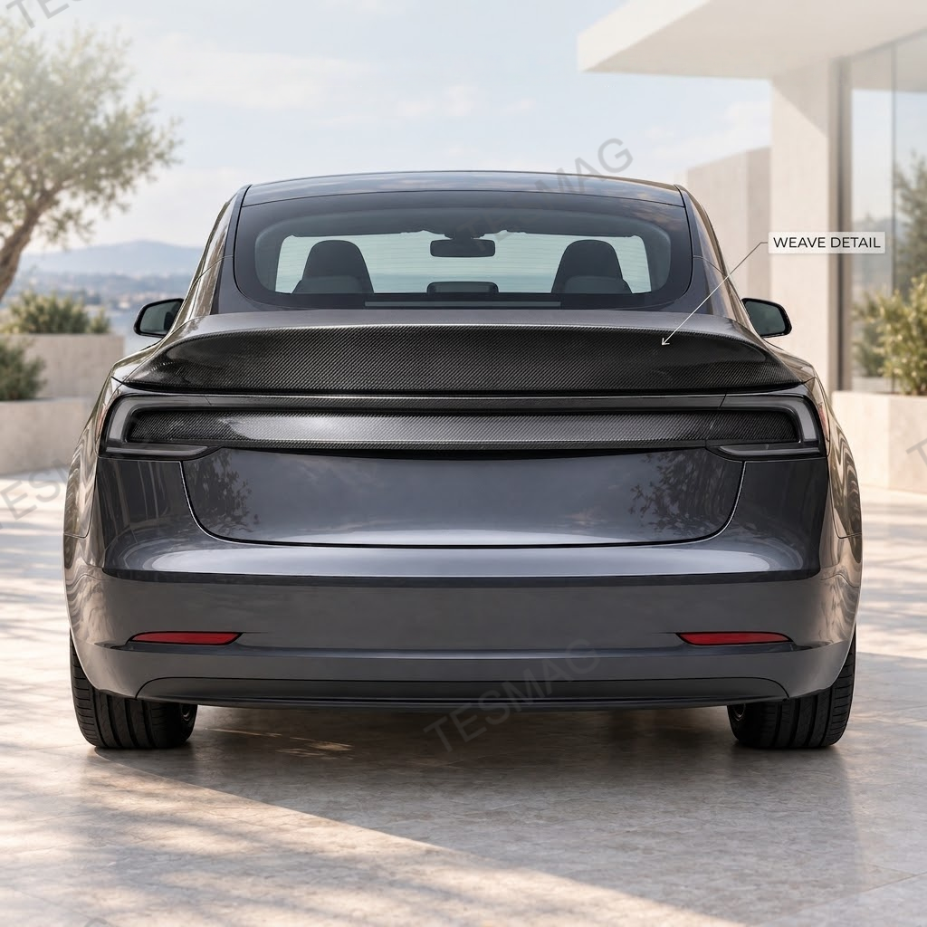 Rear view of Model Y Juniper with carbon fiber spoiler and visible weave detail callout