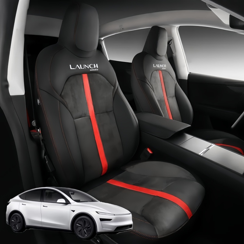 Red-Stitched Alcantara All-Inclusive Seat Covers for Tesla Model 3 Highland/Model Y Juniper