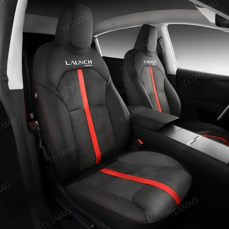 Red-Stitched Alcantara All-Inclusive Seat Covers for Tesla Model 3 Highland/Model Y Juniper
