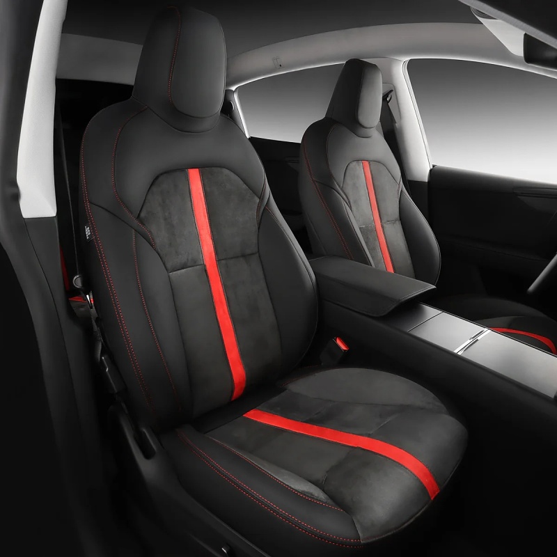 Red-Stitched Alcantara All-Inclusive Seat Covers for Tesla Model 3 Highland/Model Y Juniper