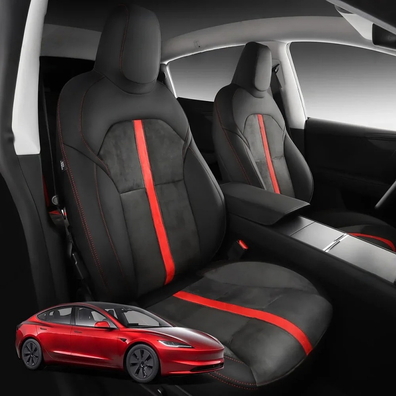 Red-Stitched Alcantara All-Inclusive Seat Covers for Tesla Model 3 Highland/Model Y Juniper